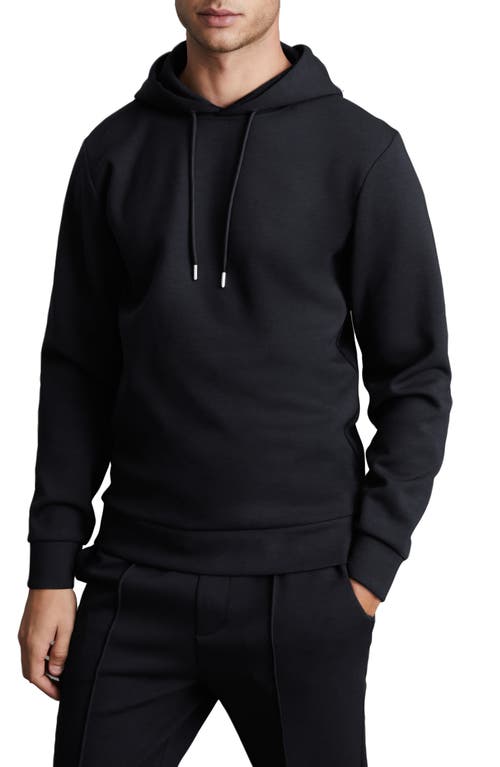 Reiss Navy Plain Interlock Jersey Drawstring Hoodie In Black