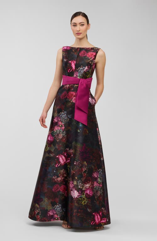Kay Unger Nicoletta Floral Sleeveless A-line Gown In Black