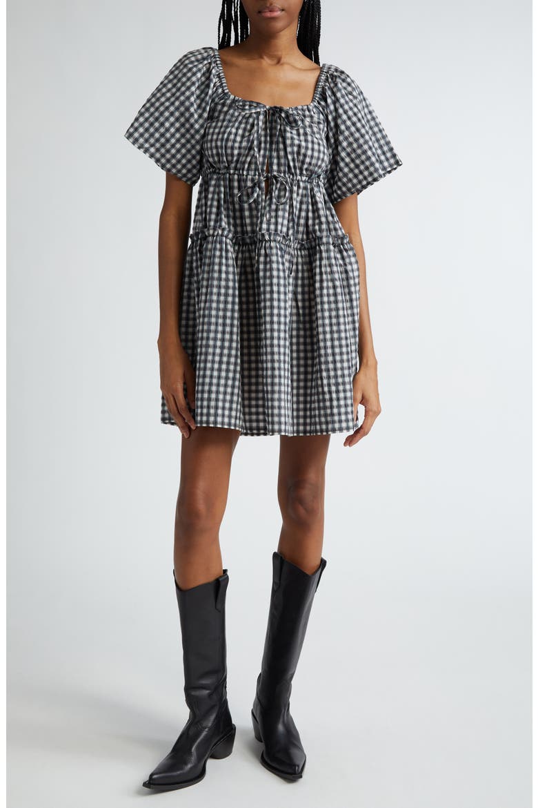 Check Seersucker Tiered Minidress, Main, color, EGRET