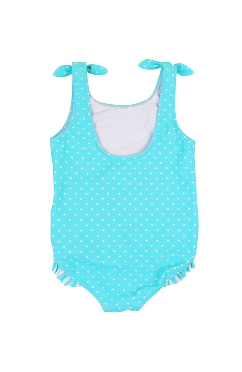 RuffleButts Toddler Girls UPF50+ Tie Shoulder One Piece, Alternate, color, Bright Aqua Heart Polka Dot