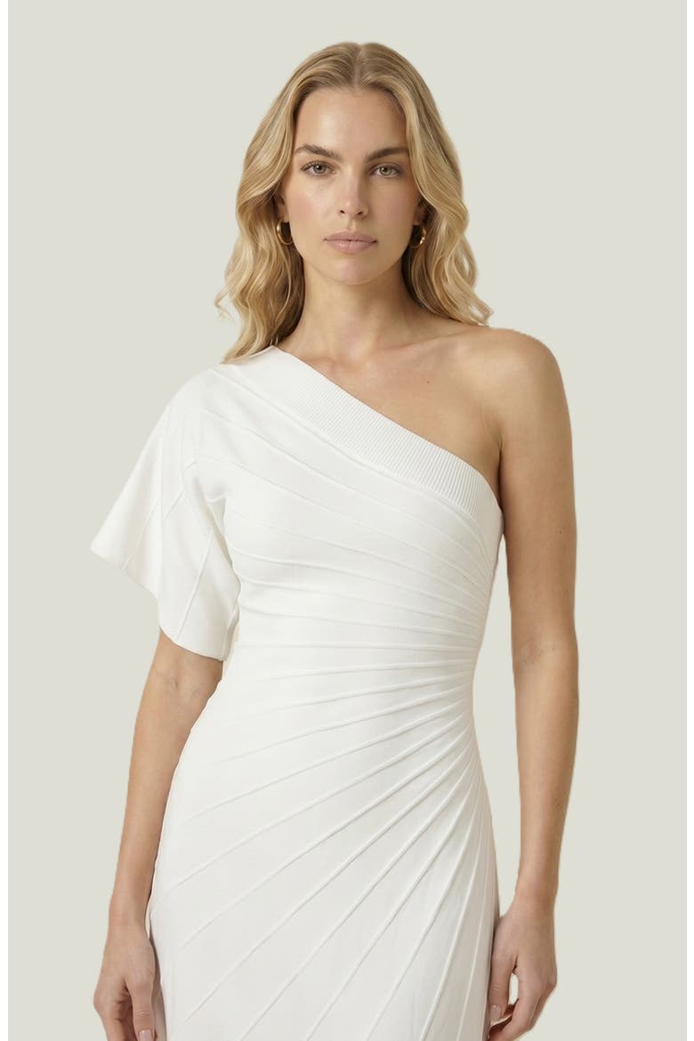 One Shoulder Knitted Dress with Slim Waist and Flared Hem, Alternate, color, White