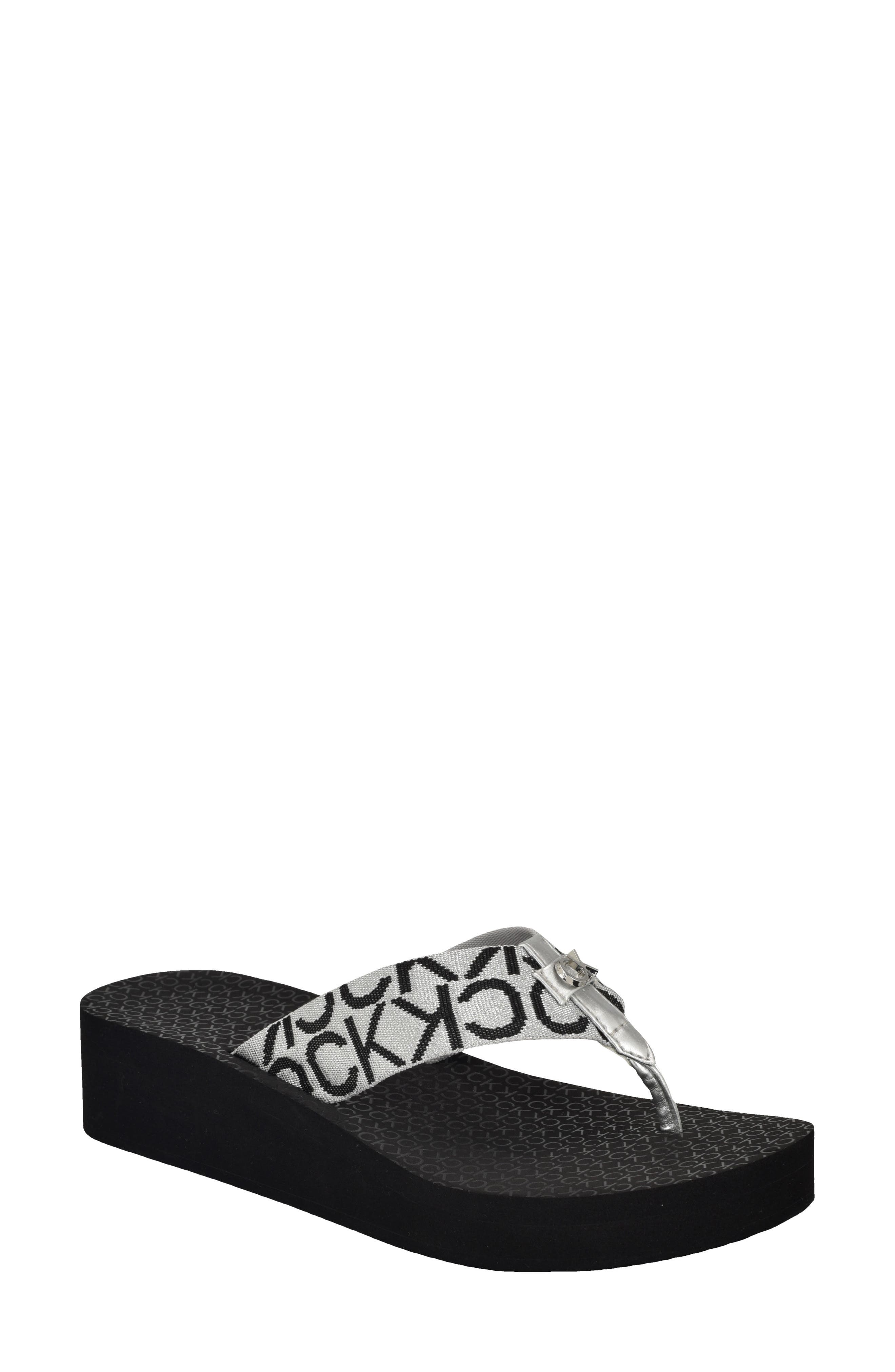 Calvin Klein Meena Wedge Flip Flop Sandal, Main, color, Black 004
