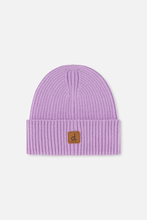 Ribbed Knit Folded Cuff Faux Leather Patch Hat