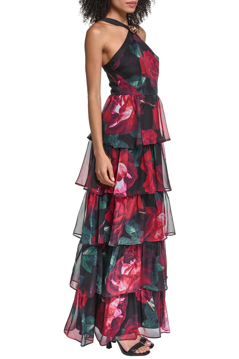 Floral Halter Neck Tiered Gown, Alternate, color, BLACK MULTI