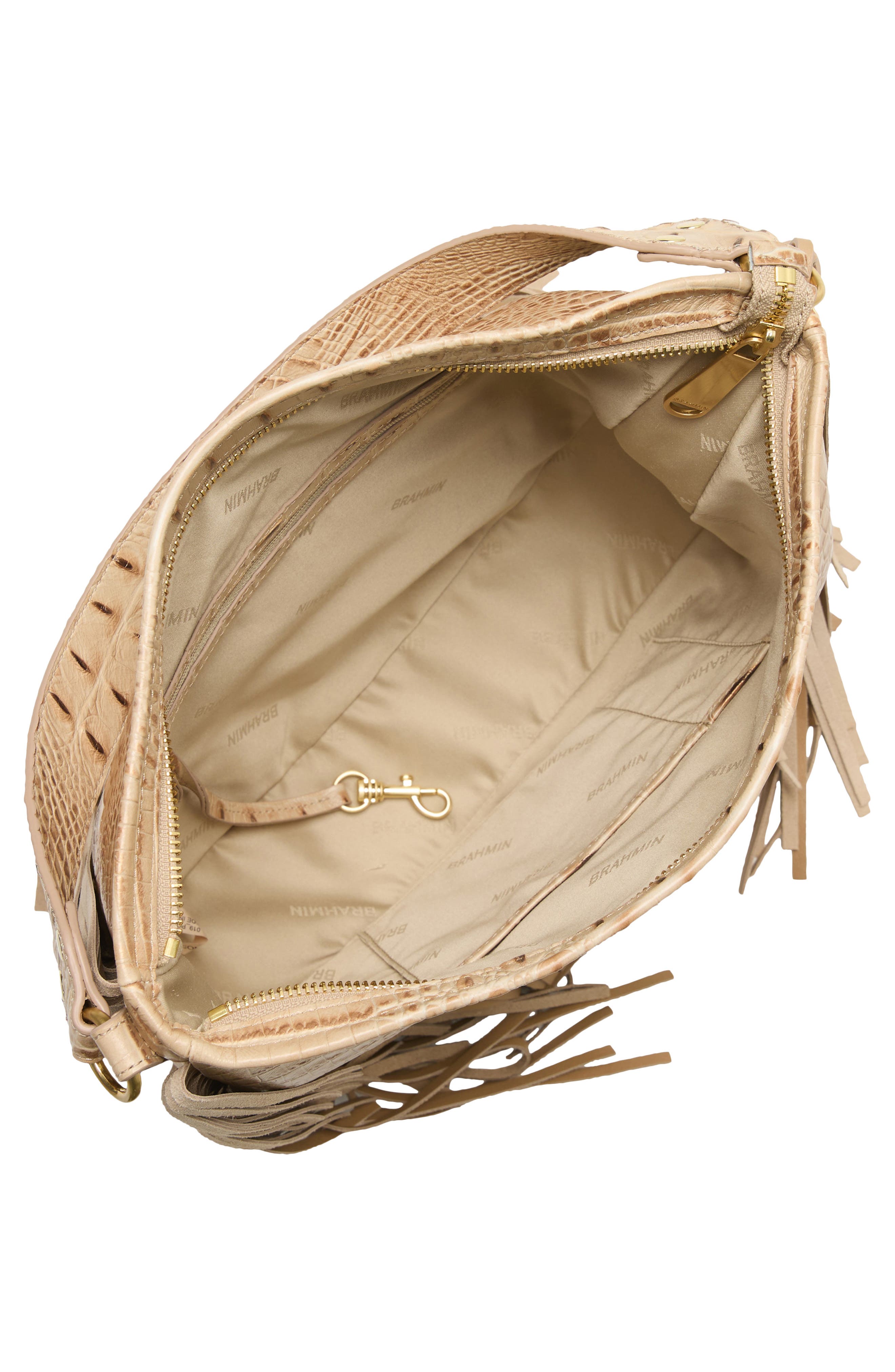 Brahmin Small Kathleen Fringe Croc Embossed Leather Shoulder Bag, Alternate, color, Sandstorm