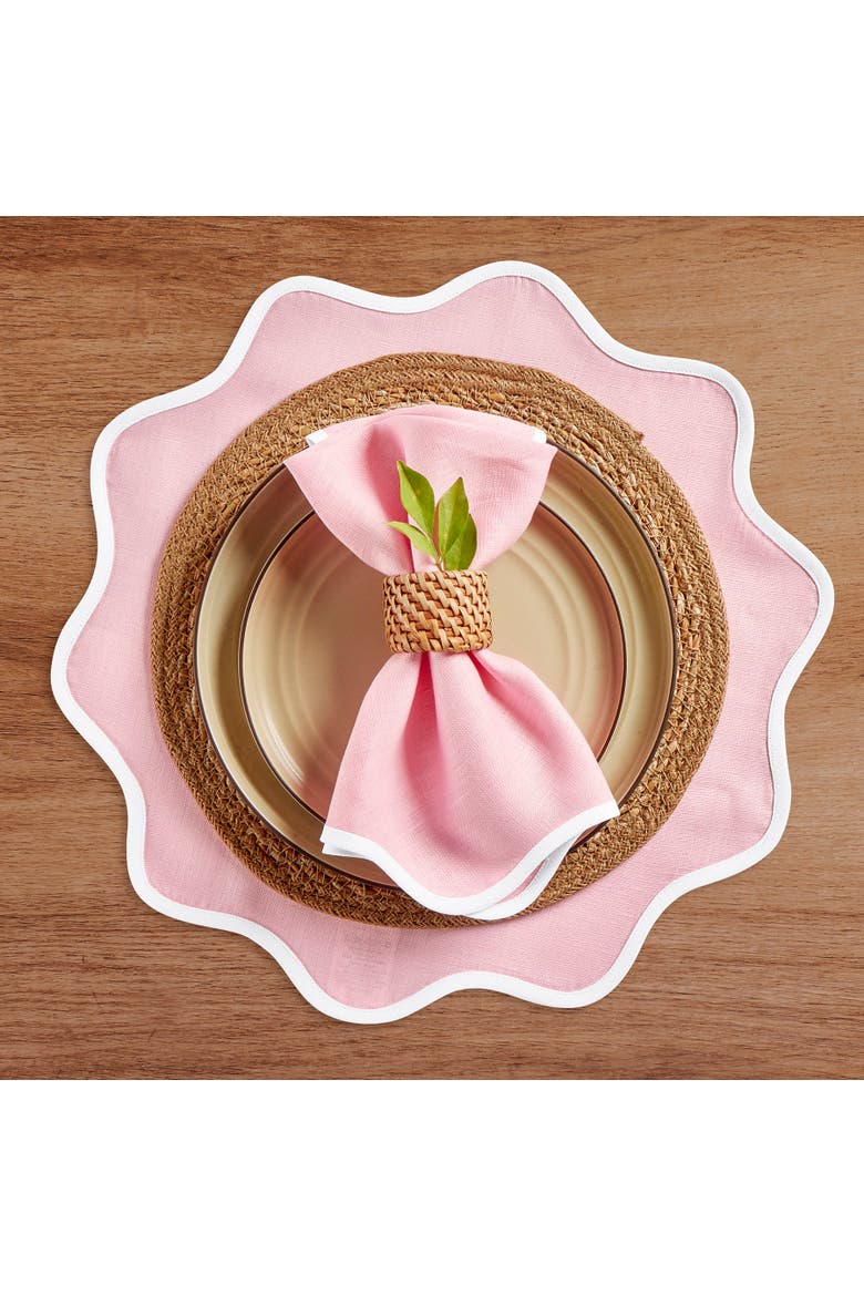 Linen Placemats Set of 4, 16 Inch Round - Giselle Scallop Edge, Alternate, color, White and Pink Lemonade