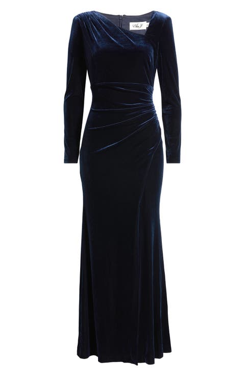 Ruched Velvet Long Sleeve Gown