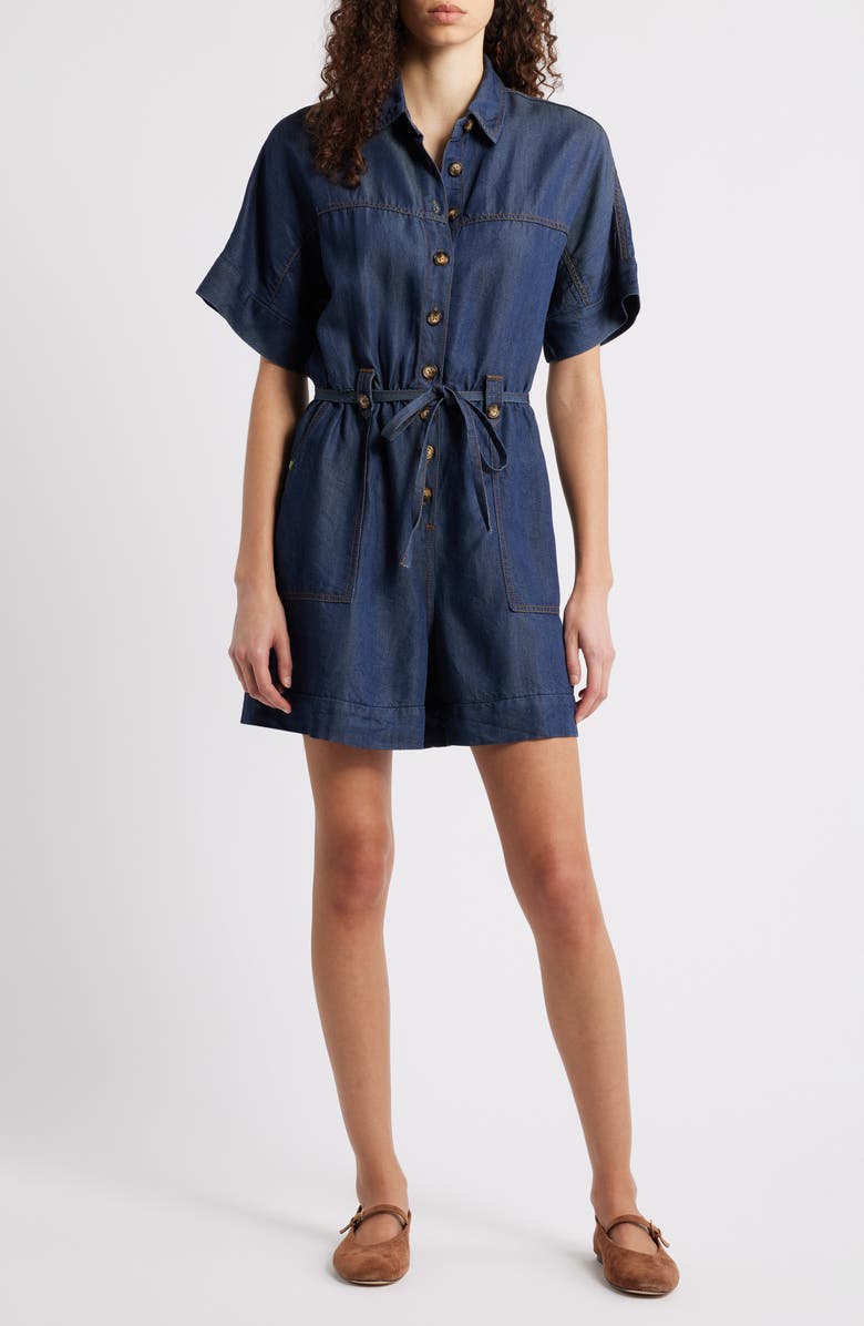 FRNCH Mariselle Denim Romper, Main, color, Bleu Jean