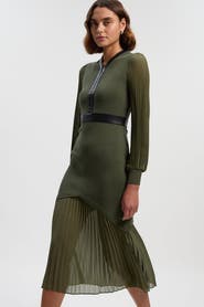 Karen Millen Pu Trim Woven Sleeved Pleated Dress