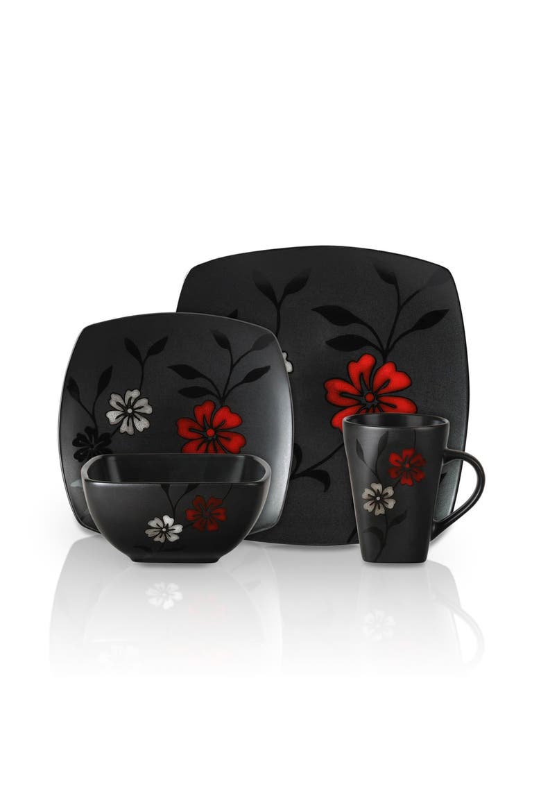 16-Piece Evening Blossom Dinnerware Set, Alternate, color, Black and Red