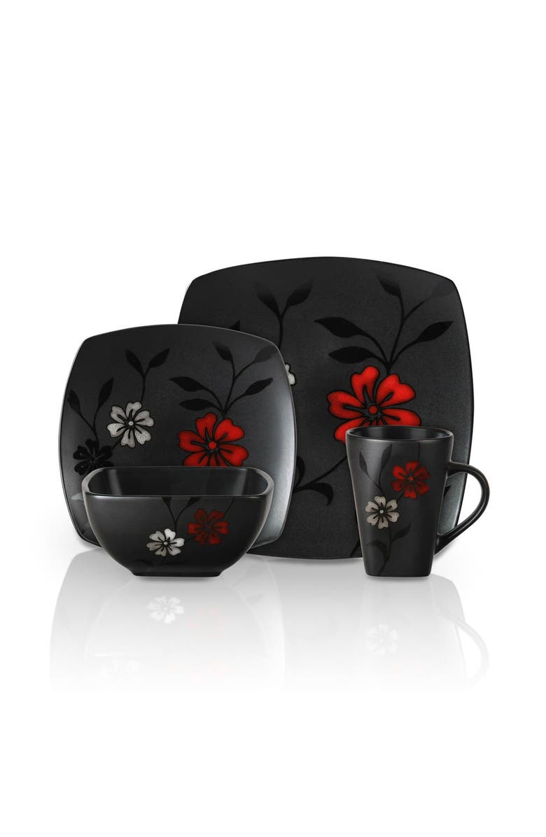 Gibson Elite 16-Piece Evening Blossom Dinnerware Set, Alternate, color, Black And Red