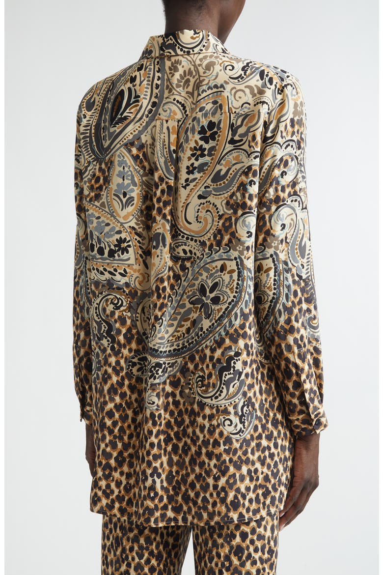 Paisley & Leopard Print Silk Tunic Button-Up Shirt, Alternate, color, BEIGE