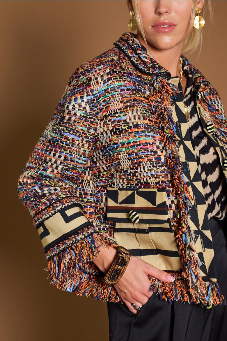 Tweed Jacket With Patch Pockets And Fringes, Alternate, color, Black / Multicolor