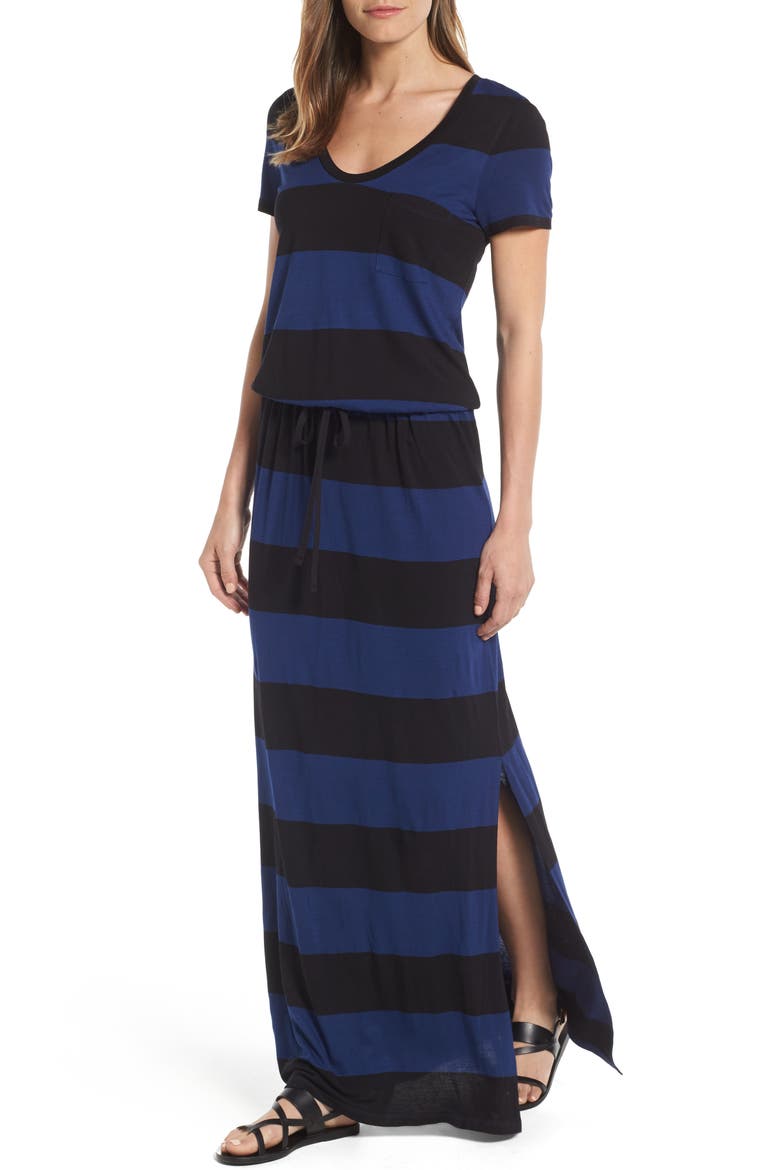 Drawstring Jersey Maxi Dress, Main, color, BLACK- BLUE BUOY STRIPE