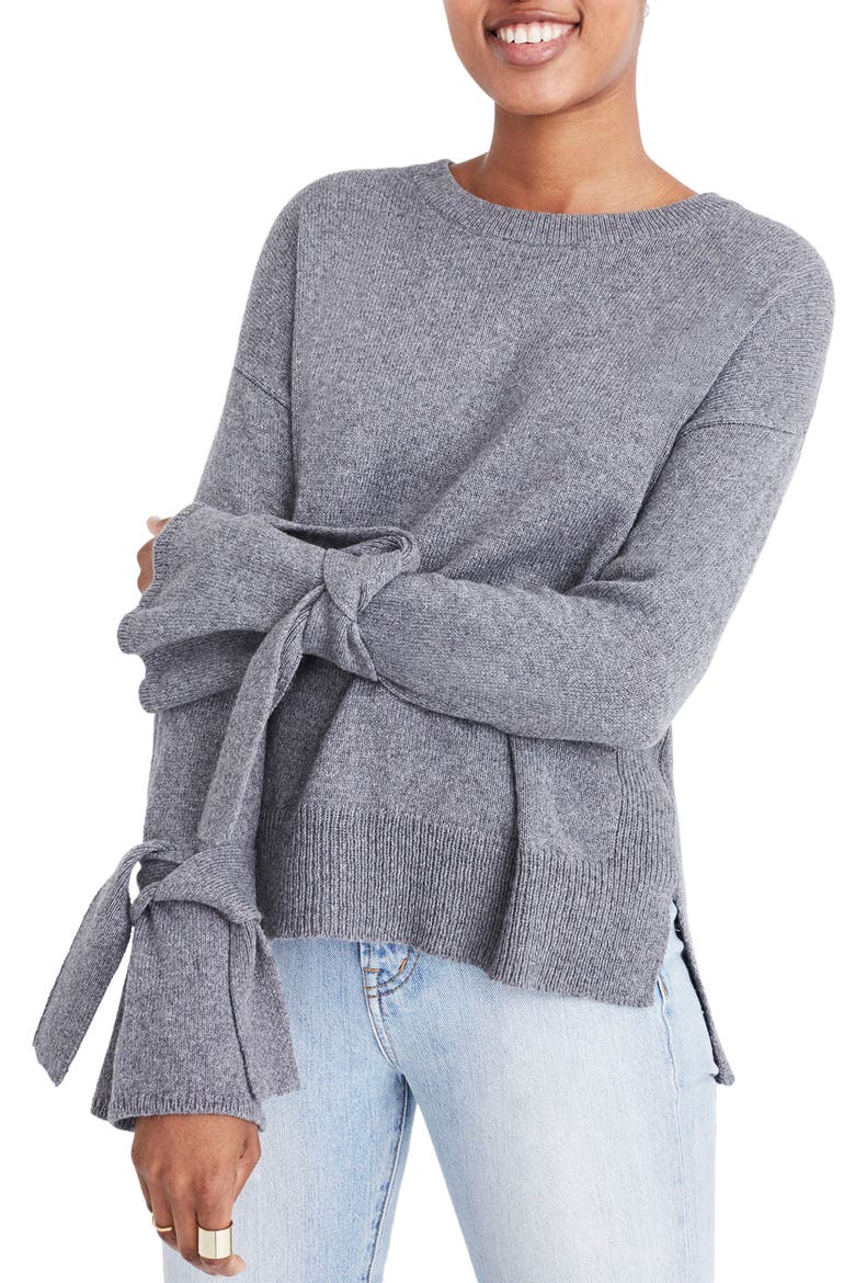 Tie Cuff Pullover Sweater, Main, color, HEATHER MEDIUM GREY