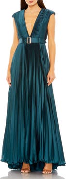 Mac Duggal Pleated Plunge Neck Belted A Line Gown