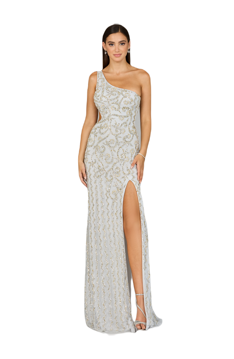 LARA New York One-Shoulder Beaded Gown with Slit, Main, color, Silver
