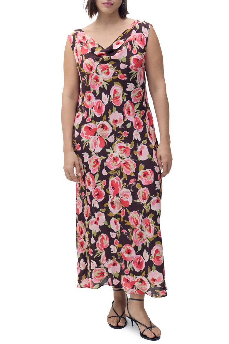 Floral Print Cowl Neck Sleeveless Midi Dress, Alternate, color, BROWN