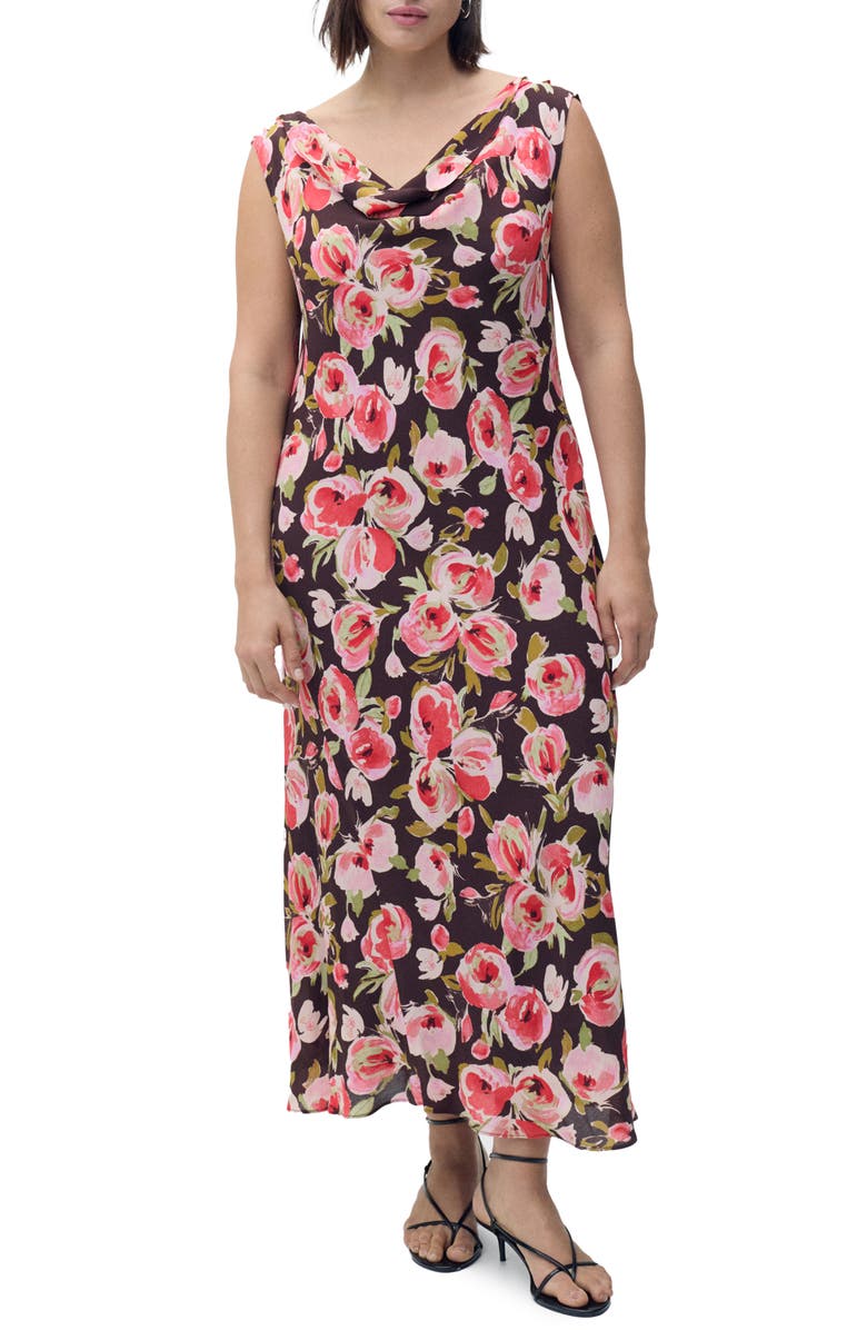 MANGO Floral Print Cowl Neck Sleeveless Midi Dress, Alternate, color, Brown