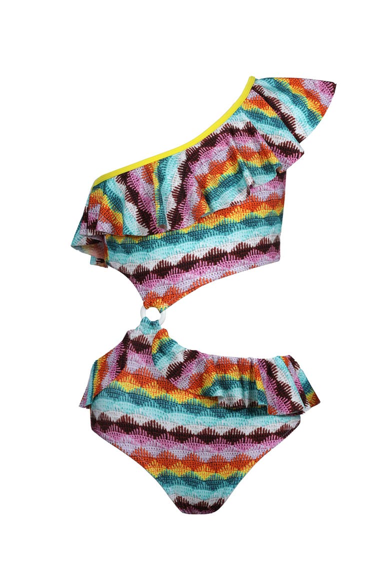 Kids'  One-Shoulder Ruffle & Cut-Out One Piece Swimsuit, Main, color, Multicolor