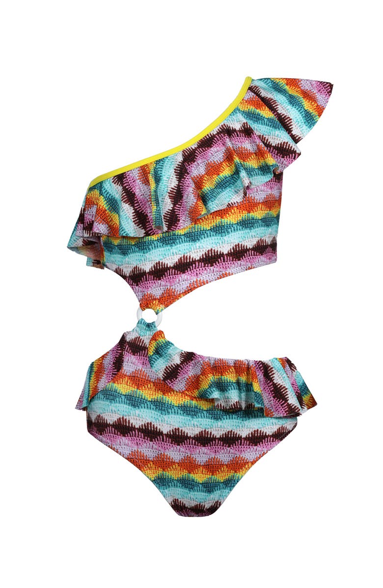 NESSI BYRD Kids' One-Shoulder Ruffle & Cut-Out One Piece Swimsuit, Main, color, Multicolor