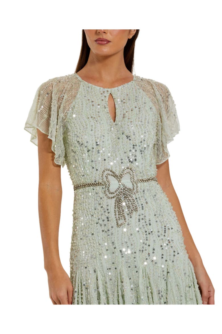 Women's Enbellished Bow Flutter Sleeve A Line Midi Dress, Alternate, color, Seafoam