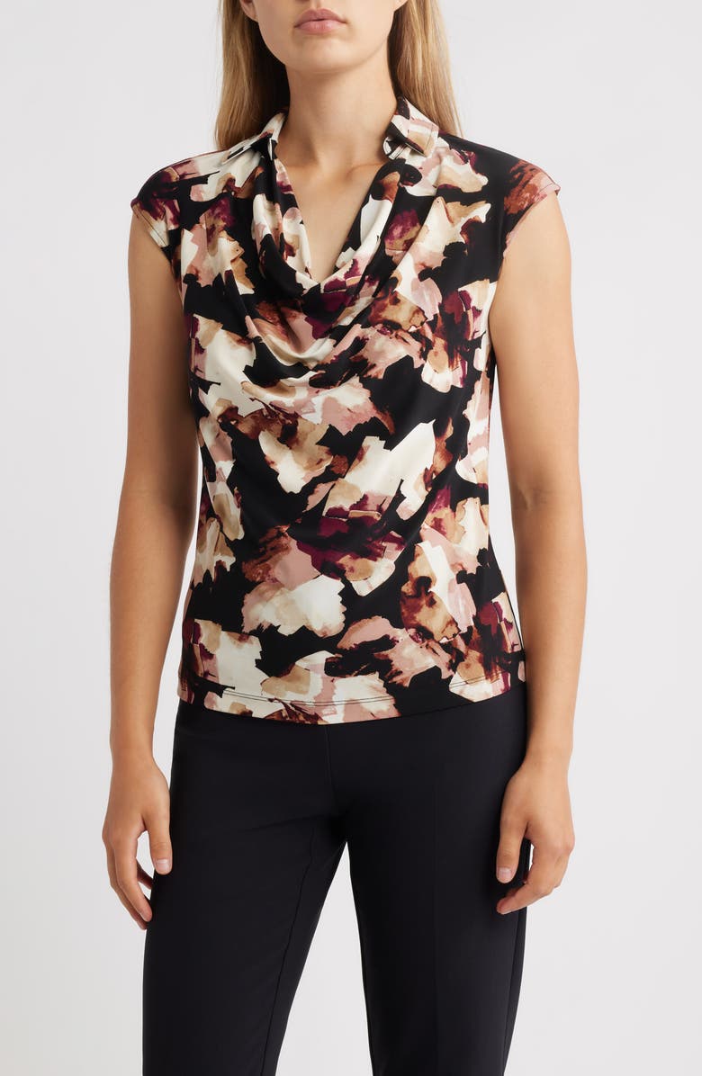 Anne Klein Floral Cowl Neck Cap Sleeve Top, Main, color, Anne Black Mutli