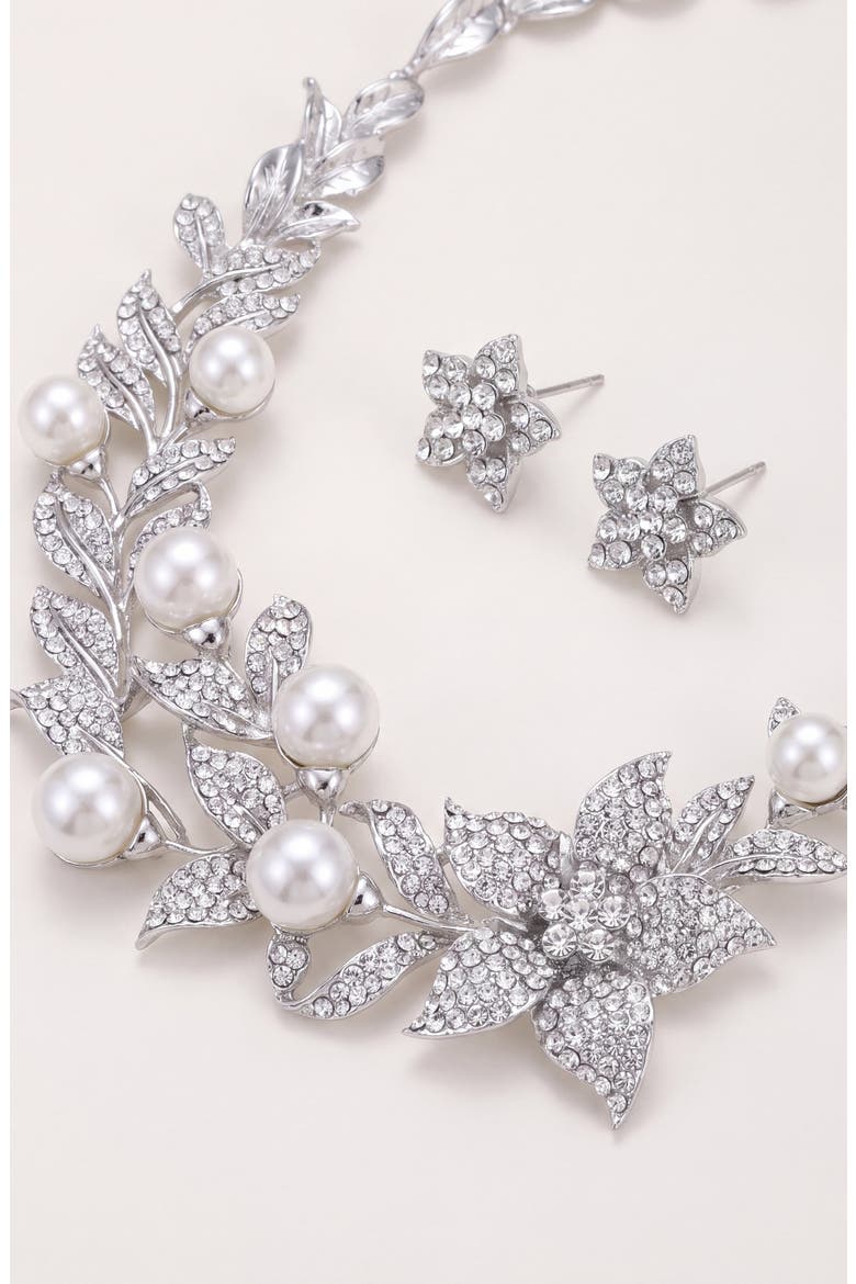 Pearl Crystal Sharp Petal Necklace and Earring Set, Alternate, color, Silver