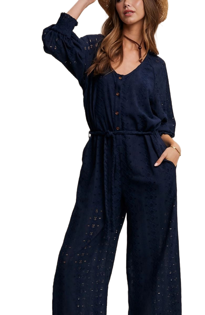 Knit and Lounge Eyelet Wide-Leg Adjustable Waist Jumpsuit, Alternate, color, Navy Eyelet