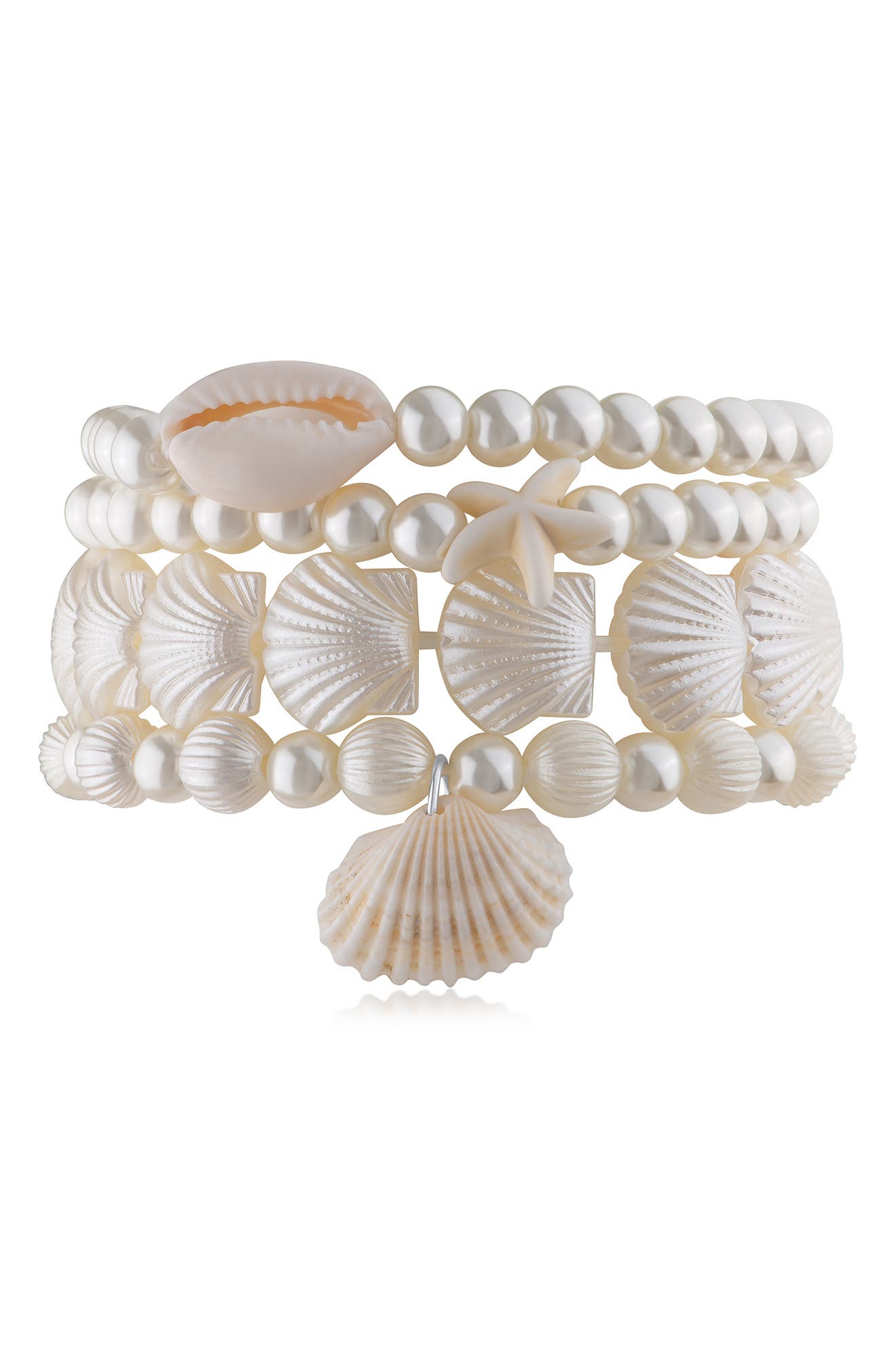 JARDIN Set of 4 Faux Pearl & Shell Beaded Stretch Bracelets