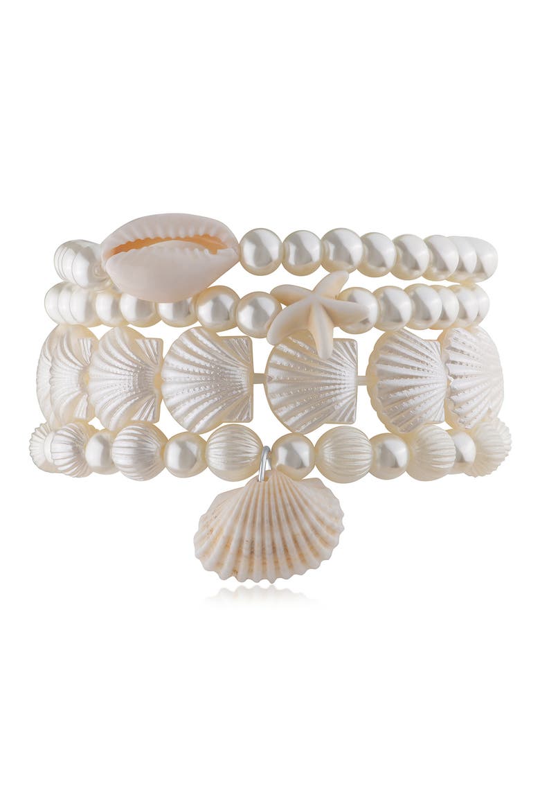 Set of 4 Faux Pearl & Shell Beaded Stretch Bracelets (Nordstrom Exclusive), Main, color, WHITE/ SILVER