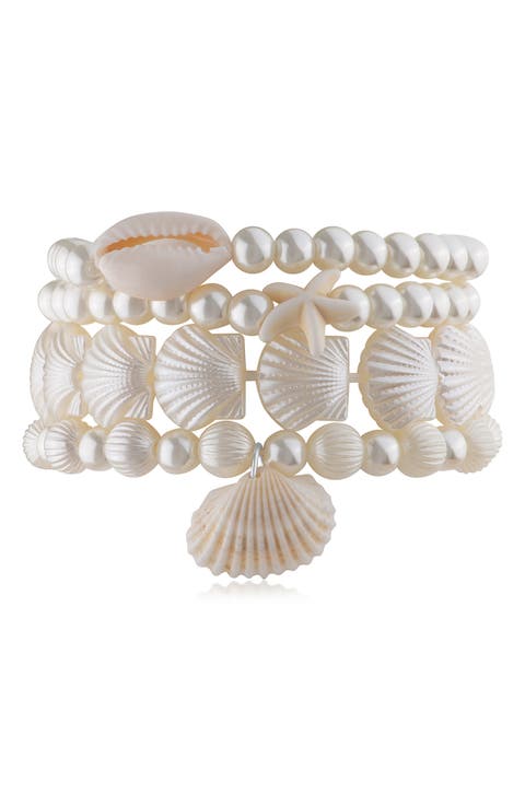 Set of 4 Faux Pearl & Shell Beaded Stretch Bracelets