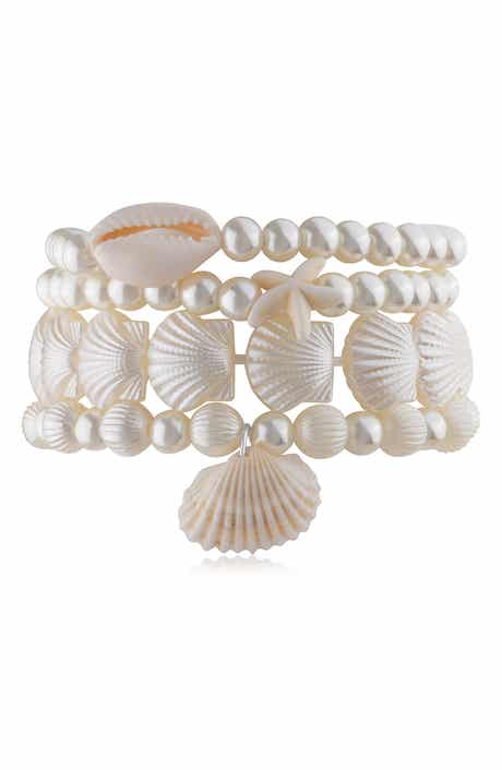 JARDIN Set of 4 Faux Pearl & Shell Beaded Stretch Bracelets