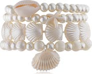 JARDIN Set of 4 Faux Pearl & Shell Beaded Stretch Bracelets