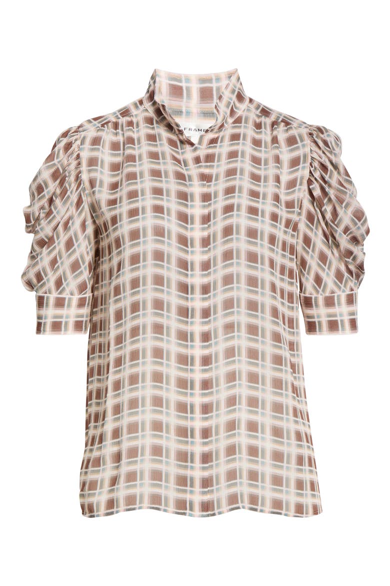 The Gillian Plaid Puff Sleeve Silk Button-Up Shirt, Alternate, color, SILVER PEONY PLAID