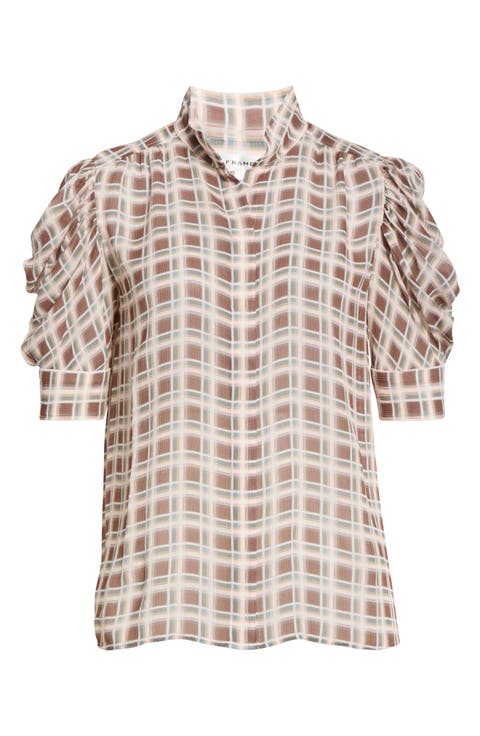 The Gillian Plaid Puff Sleeve Silk Button-Up Shirt