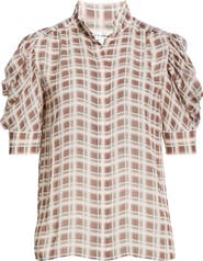 FRAME The Gillian Plaid Puff Sleeve Silk Button-Up Shirt