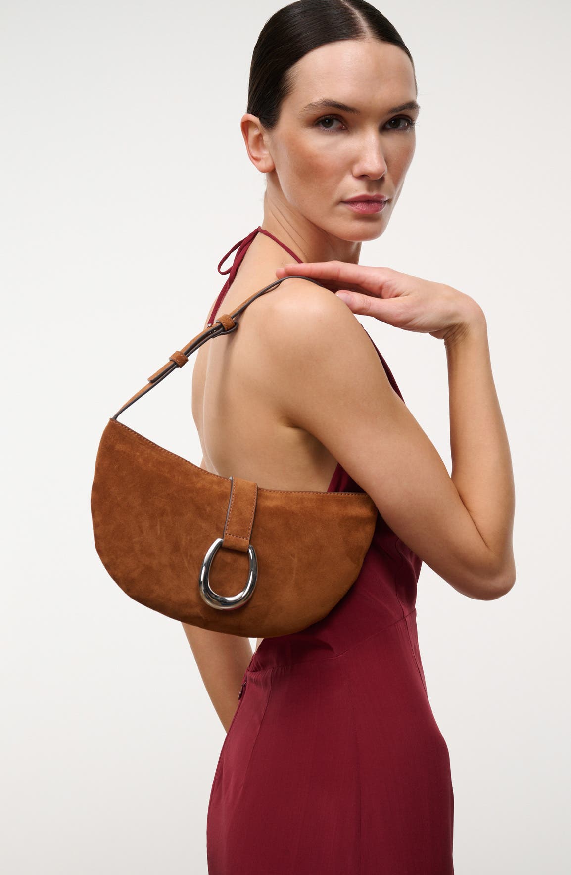 STAUD Harlow Crescent Suede Shoulder Bag, Alternate, color, Tabac