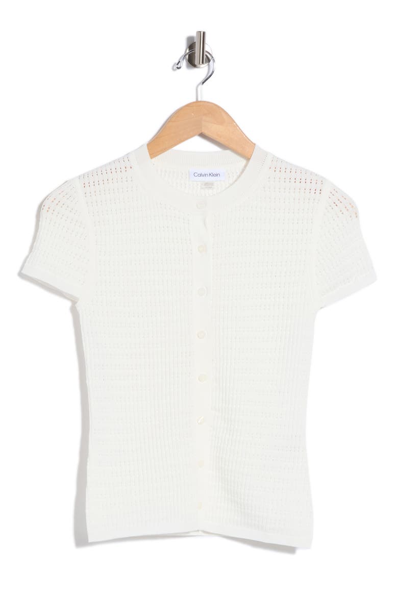 Pointelle Short Sleeve Button Front Cardigan, Alternate, color, CREAM