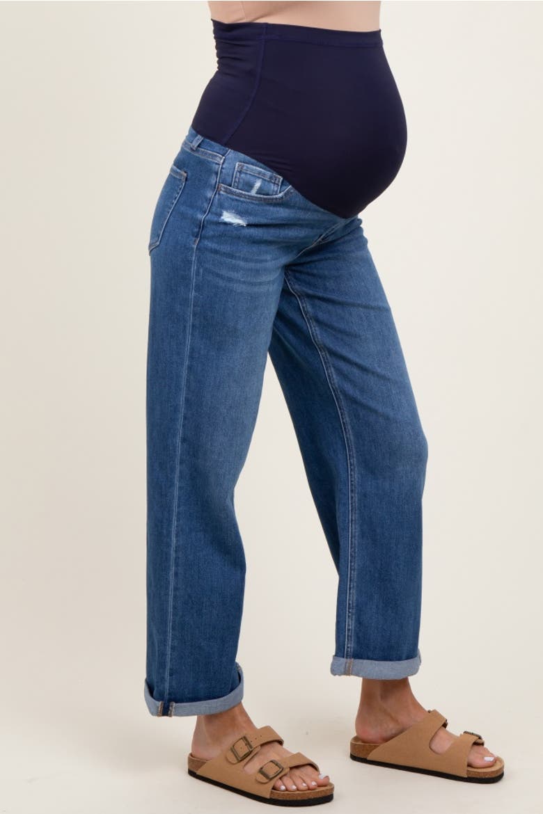 Cuffed Hem Wide Leg Cropped Maternity Jeans, Alternate, color, Navy Blue