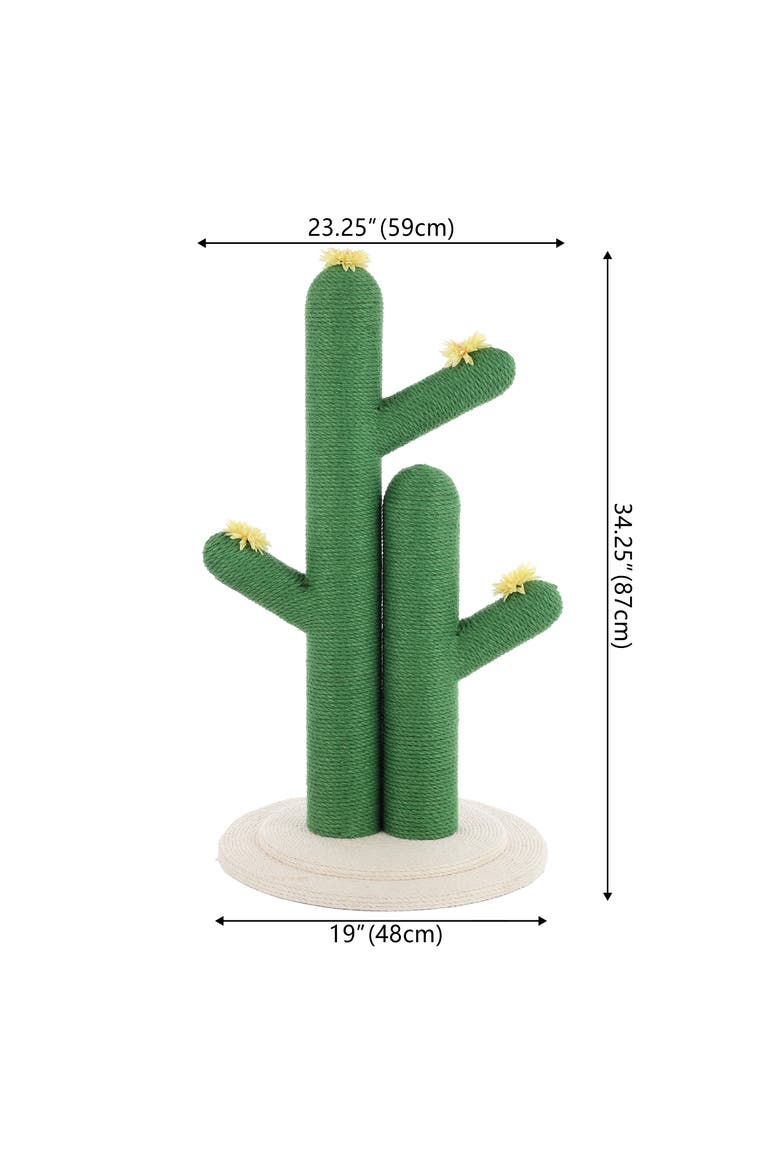 Socorro 34.25" Modern Jute Double-Cactus Cat Scratching Post with Flower Toys, Alternate, color, Green