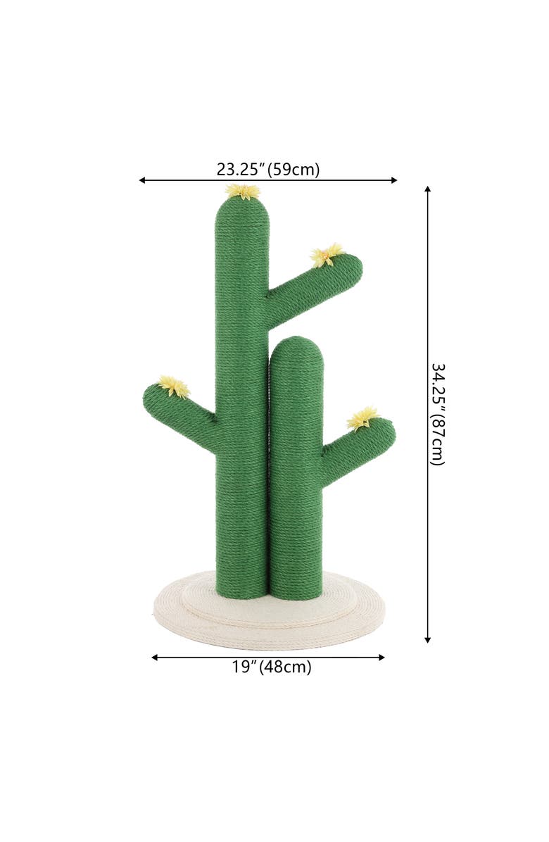 The Licker Store Socorro 34.25" Modern Jute Double-Cactus Cat Scratching Post with Flower Toys, Alternate, color, Green
