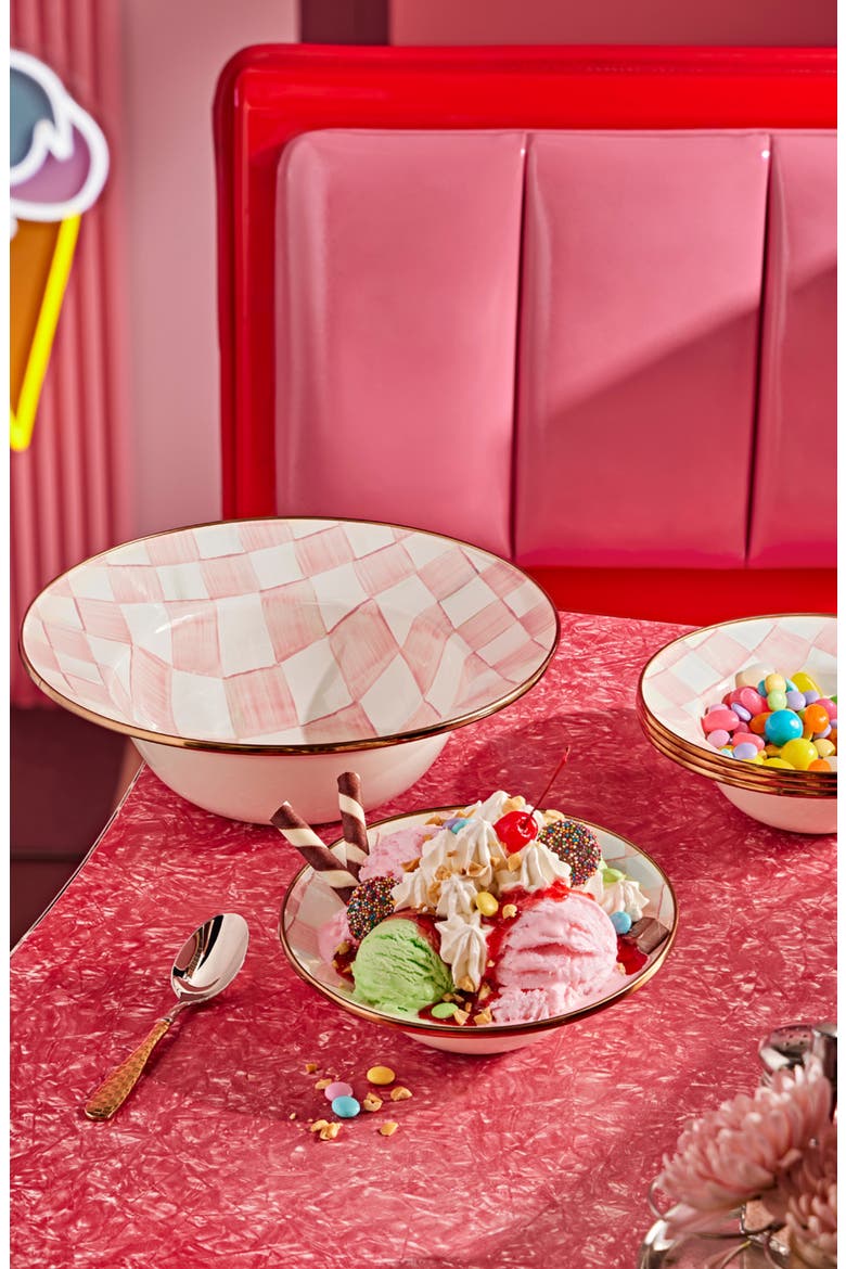 Rosy Check Enameled Steel Serving Bowl, Alternate, color, PINK/ WHITE