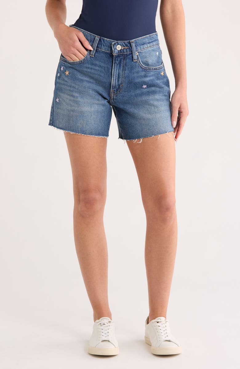 Lucky Brand '90s Embroidered Raw Hem Denim Shorts, Main, color, Lounge Horizon