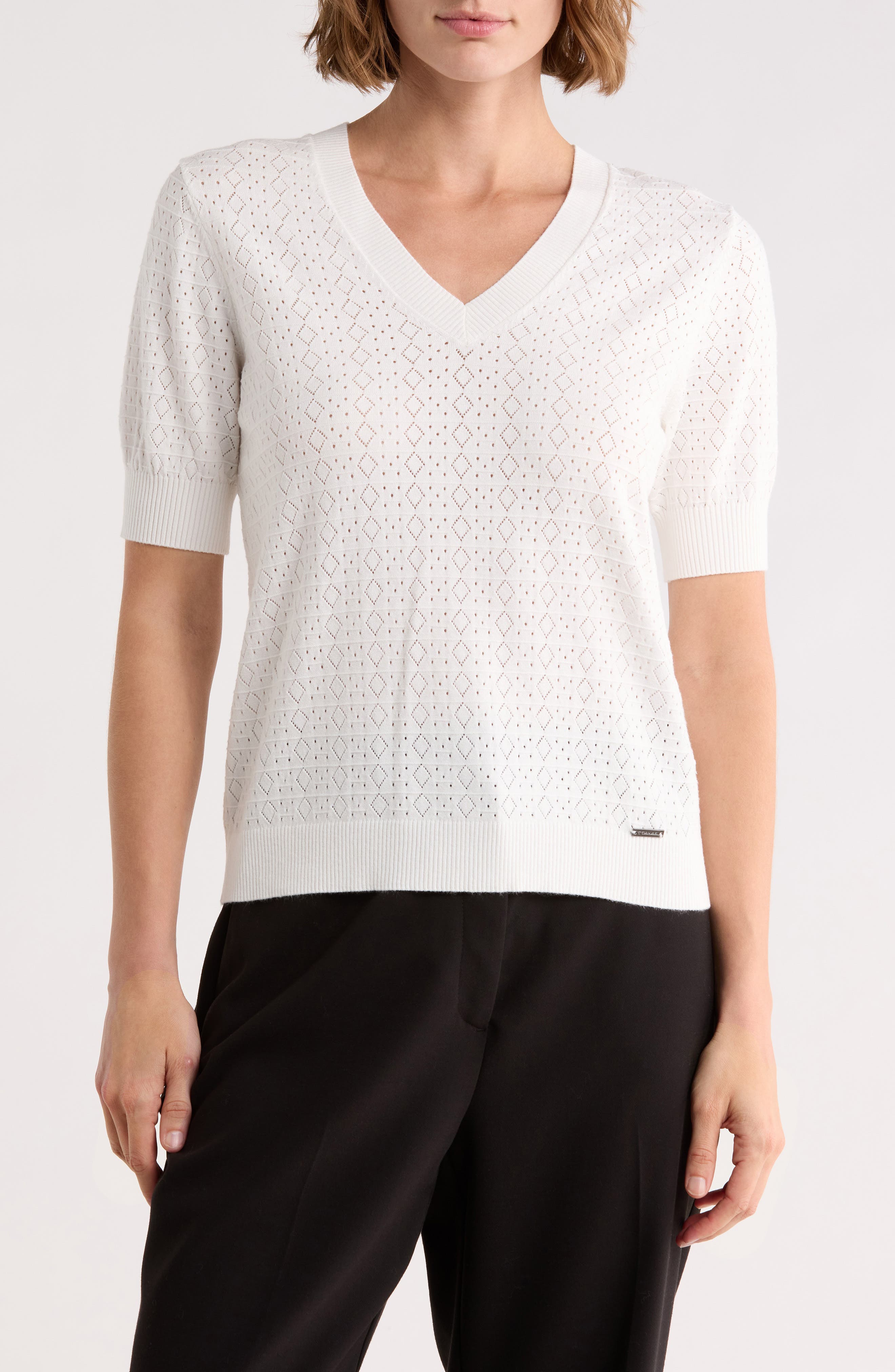 T Tahari V-Neck Mitered Pointelle Sweater