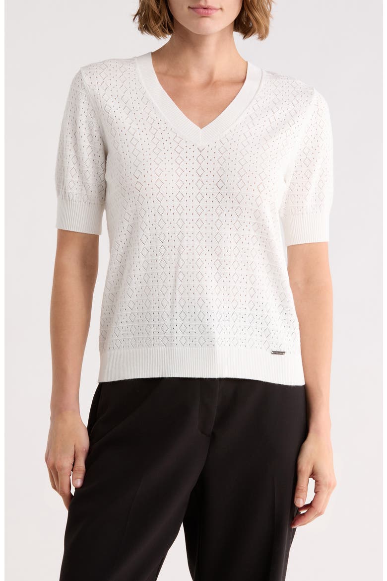V-Neck Mitered Pointelle Sweater, Main, color, BIRGHT WHITE