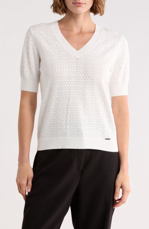 V-Neck Mitered Pointelle Sweater