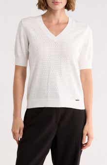 T Tahari V-Neck Mitered Pointelle Sweater