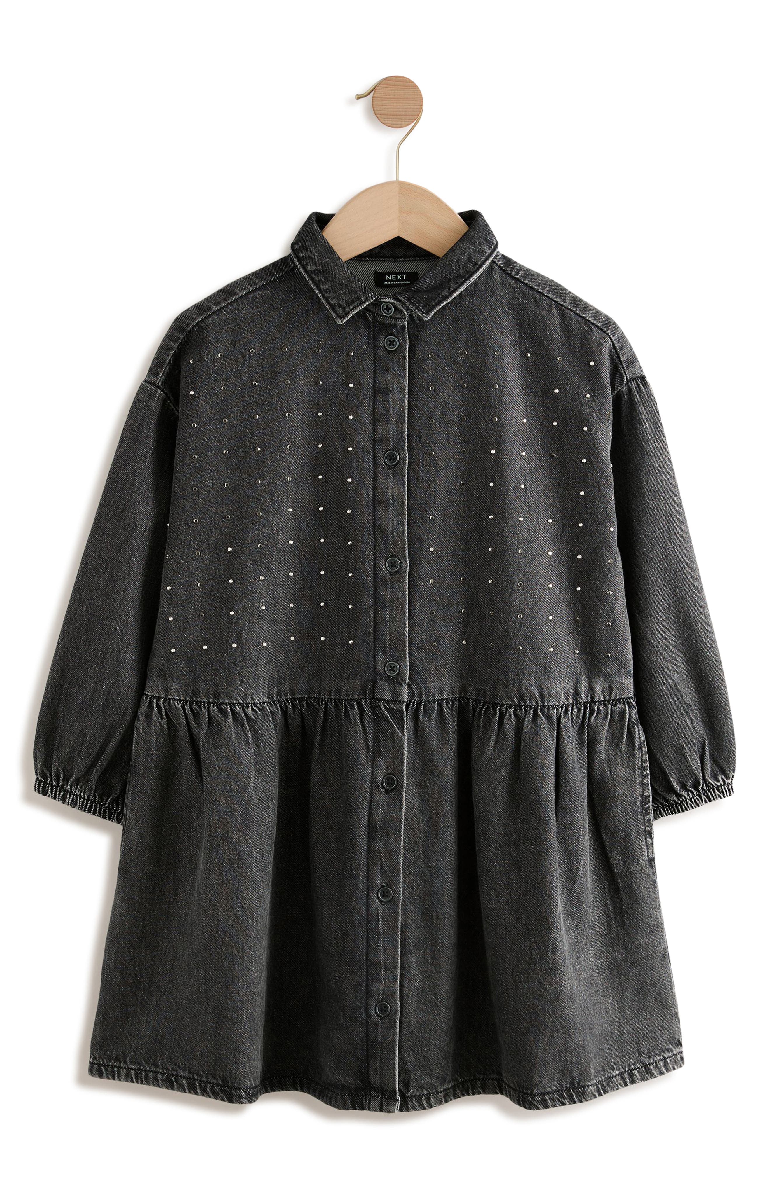 NEXT Kids' Diamante Long Sleeve Cotton Denim Shirtdress