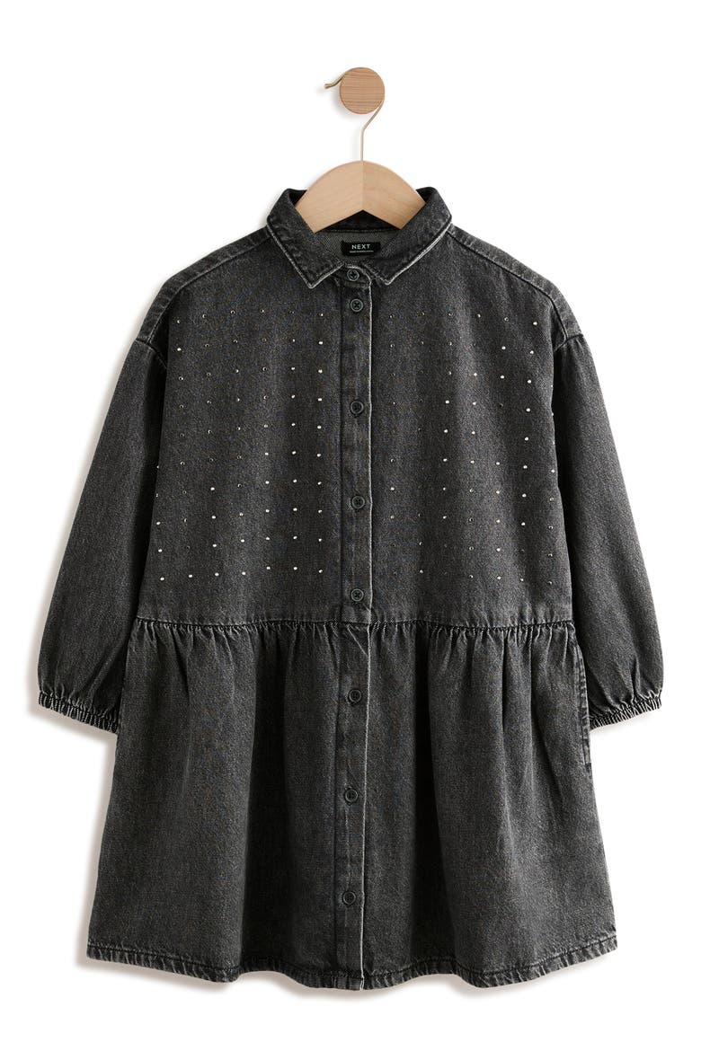Kids' Diamante Long Sleeve Cotton Denim Shirtdress, Main, color, BLACK